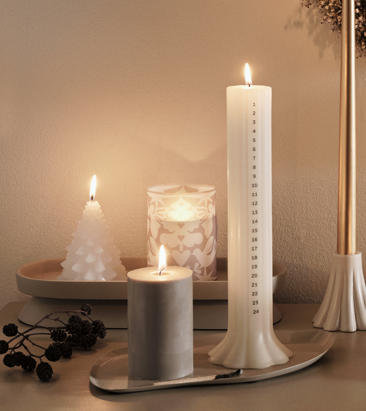 Bloklys med Engle og duer, H12 cm