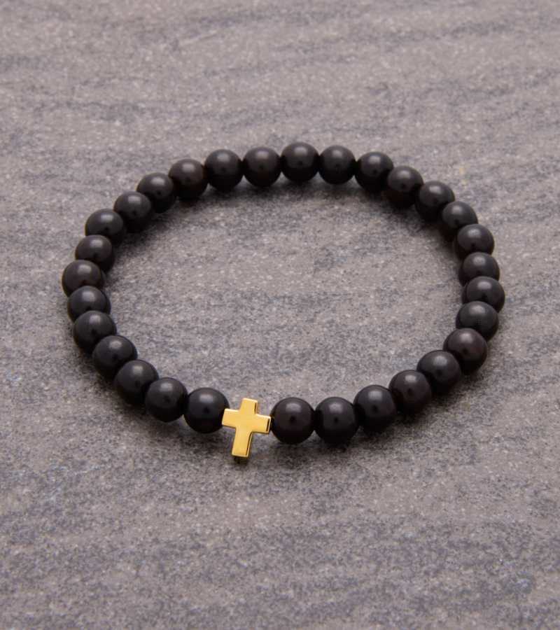 Bygabay Armbaand Med Traeperler Og Guldkors 18cm OnlyByGrace