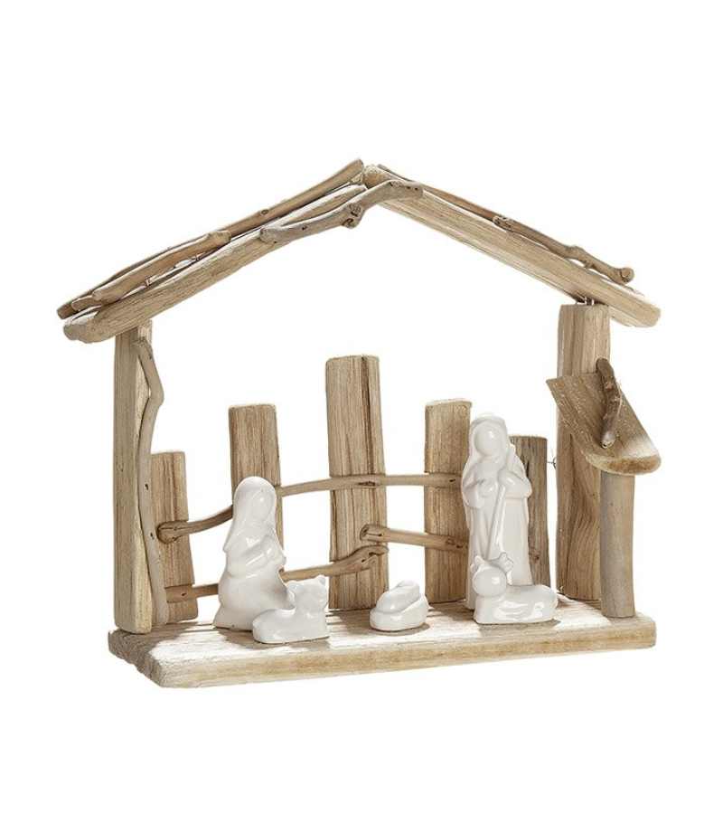 Julekrybbe i drivtømmer og porcelæn, bred