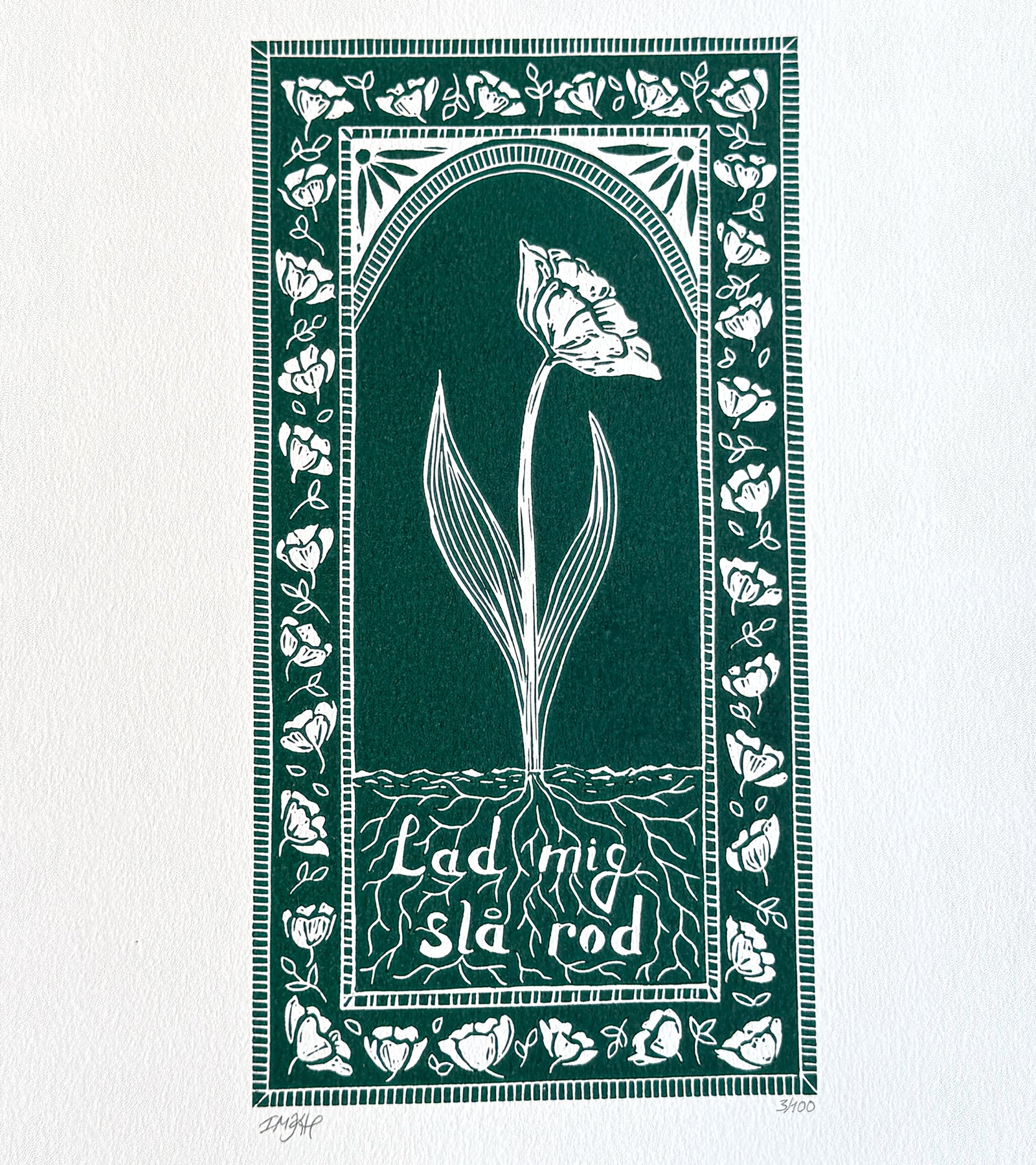 Linoleumstryk: Lad mig slå rod, A3 Plakat, Mørkegrøn