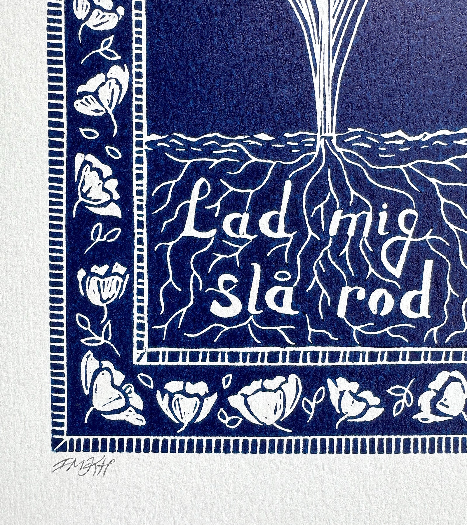 Linoleumstryk: Lad mig slå rod, A3 Plakat, Mørkeblå