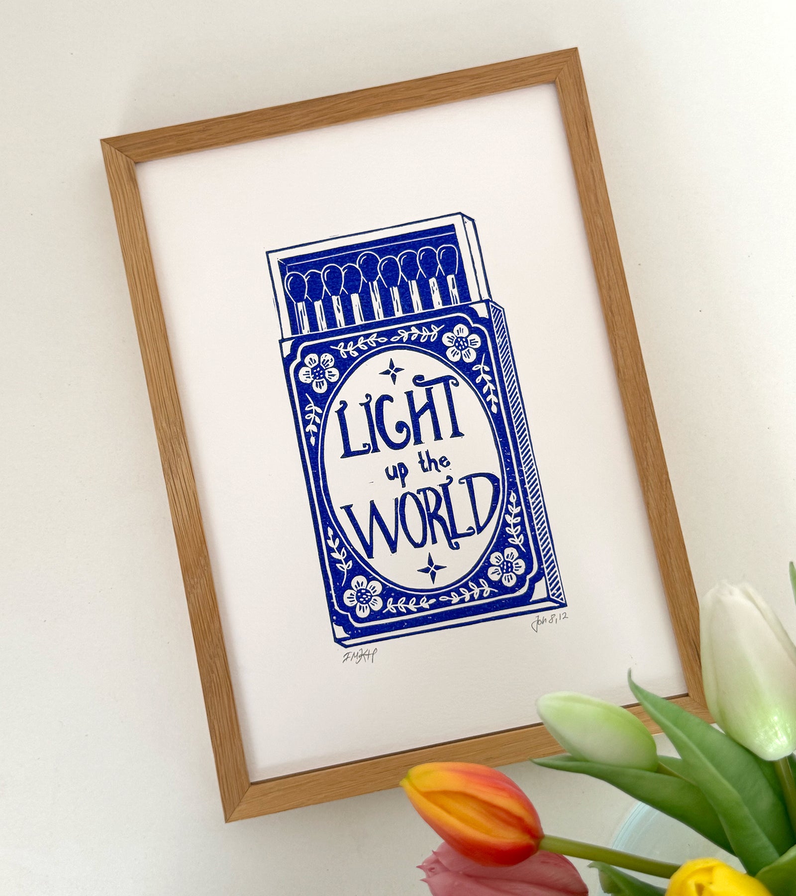 Linoleumstryk: Light up the world, A4 Plakat, Mørkeblå
