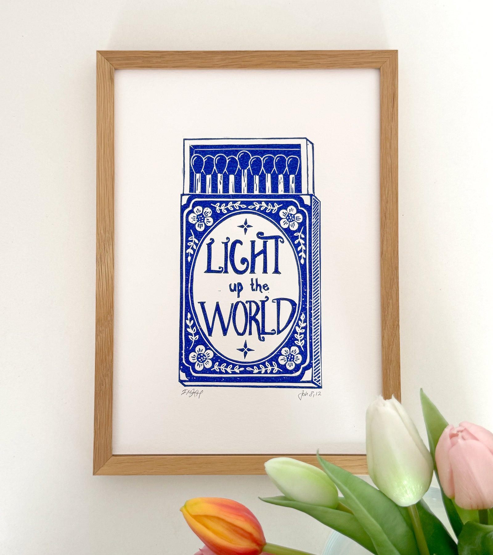 Linoleumstryk: Light up the world, A4 Plakat, Mørkeblå