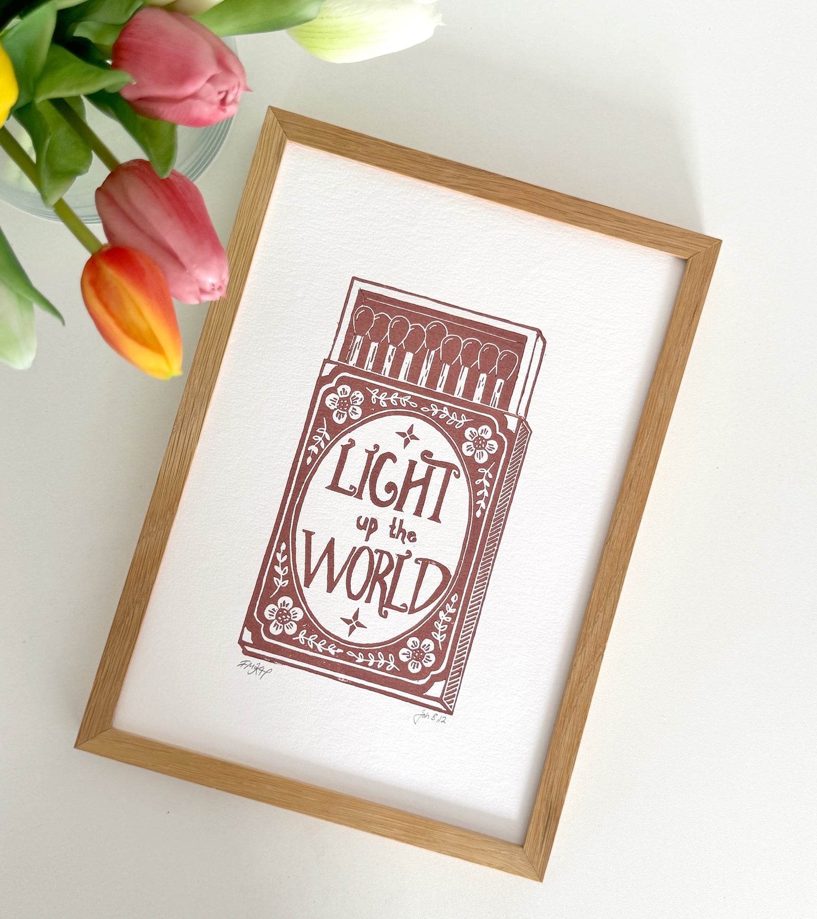 Linoleumstryk: Light up the world, A4 Plakat, Rosa