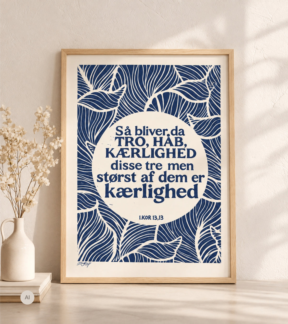 Linoleumstryk: Tro, Håb og Kærlighed, A3 Plakat, Mørkeblå