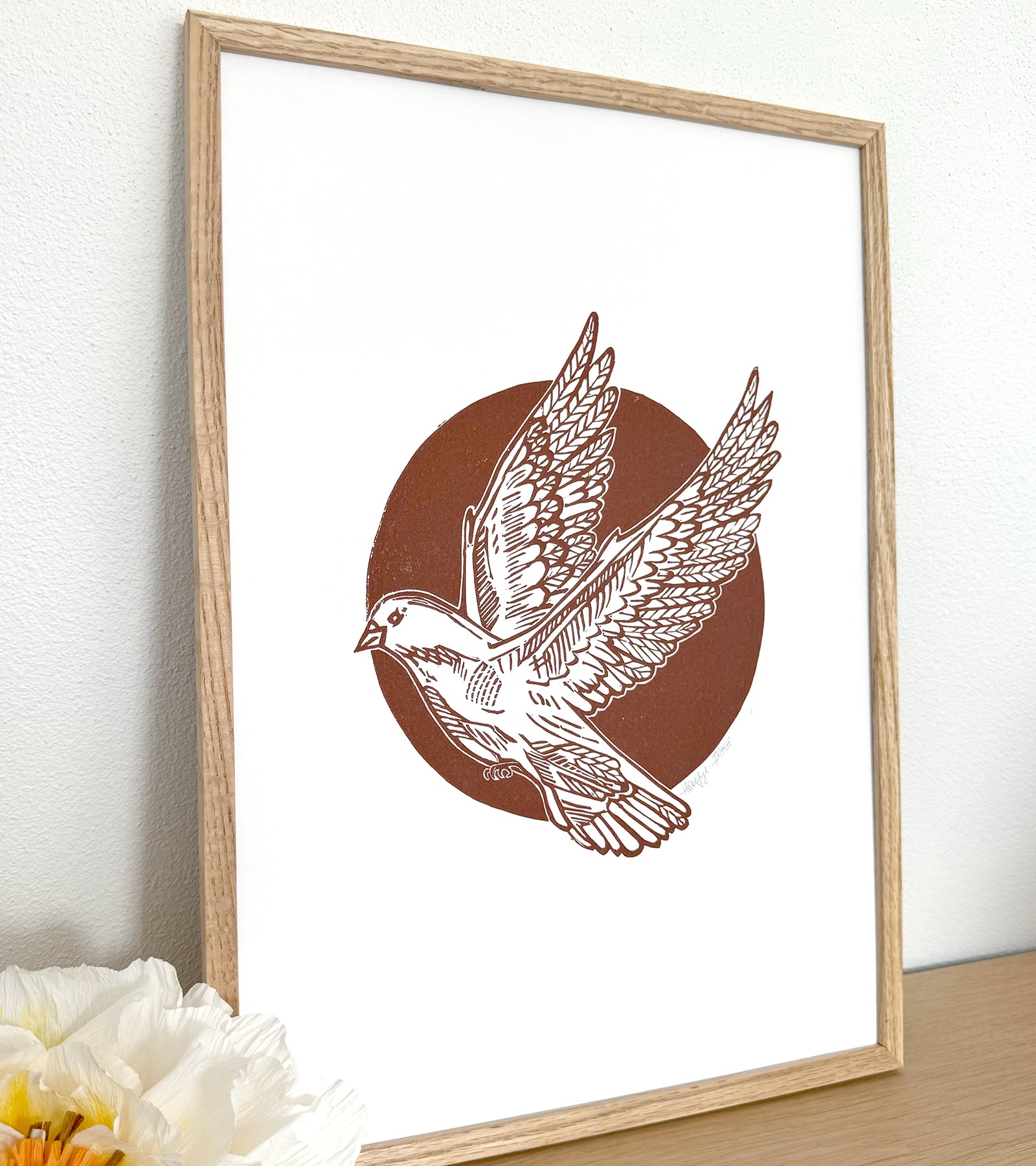 Linoleumstrykk, Håpefugl, brun, A3 Plakat
