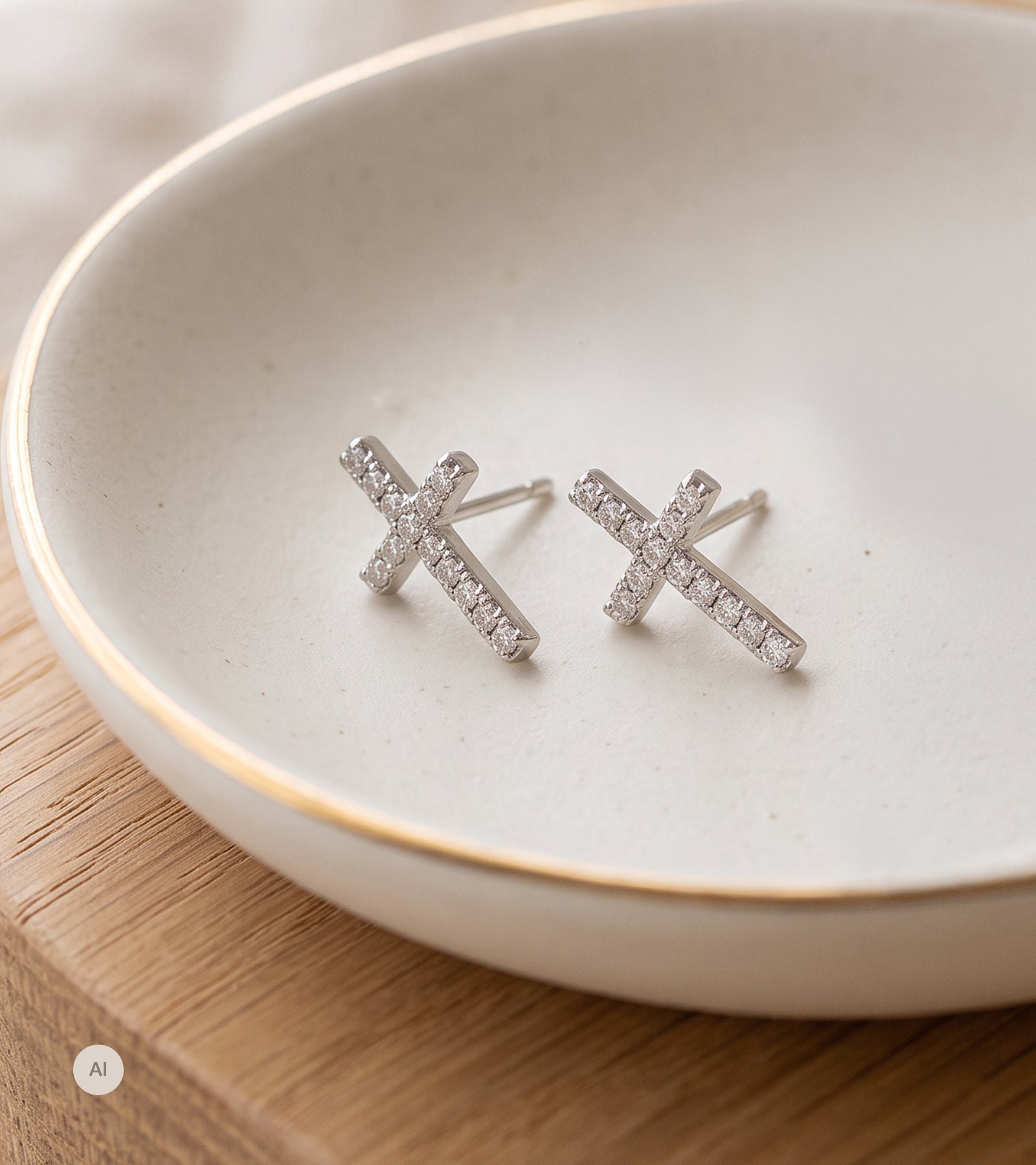 Ørestikker med kors i rhodineret sølv, 10x6 mm