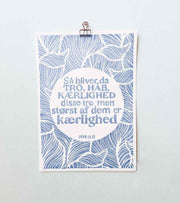 Linoleumstryk: Tro, Håb og Kærlighed, A3 Plakat, Blå