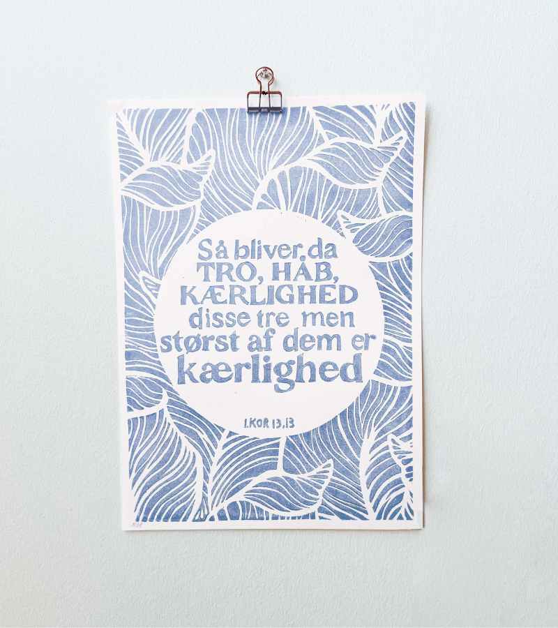 Linoleumstrykk: Tro, Håp og Kjærlighet, A3 Plakat, Blå
