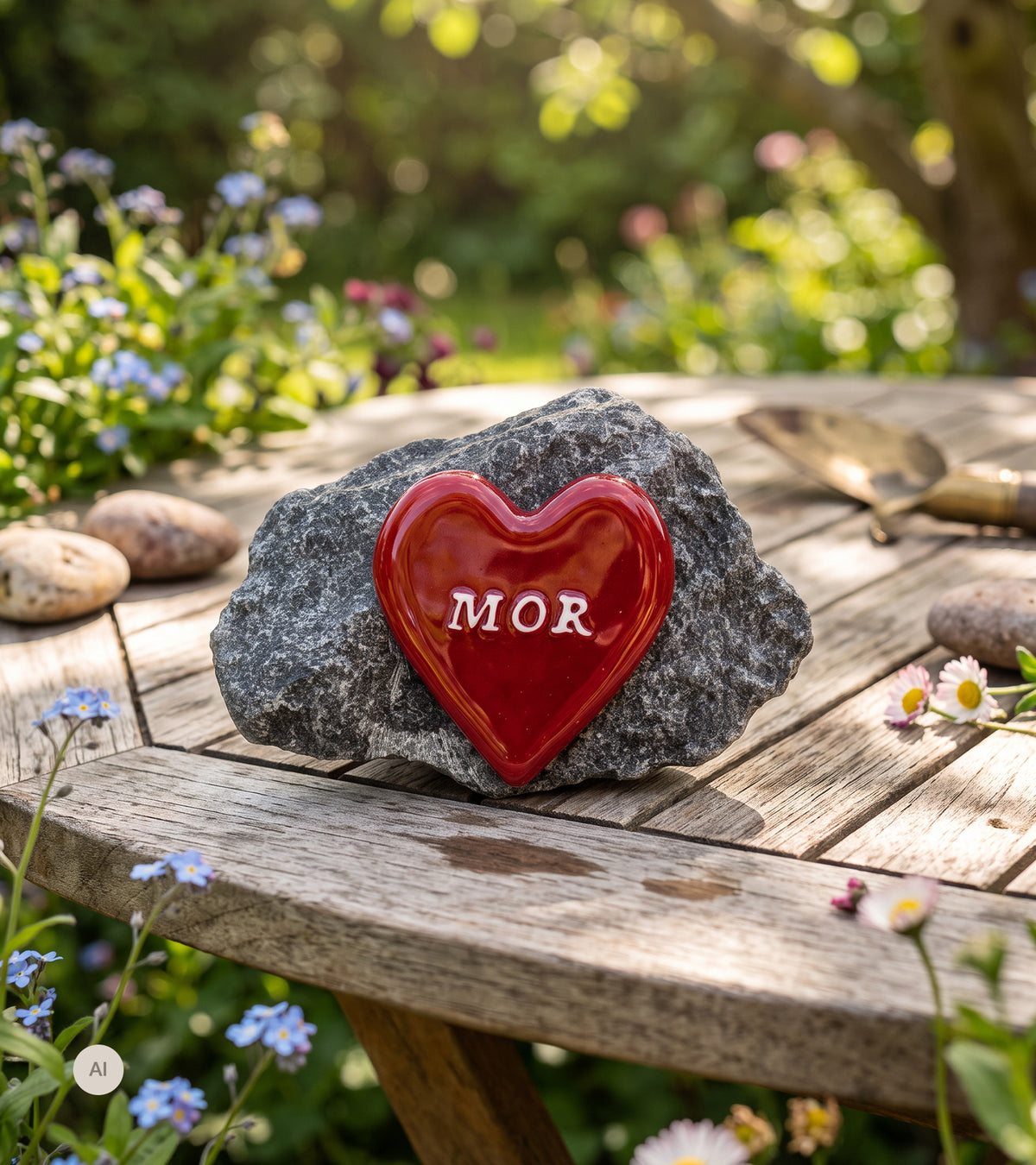 MOR, Rødt Glasshjerte På Granittstein