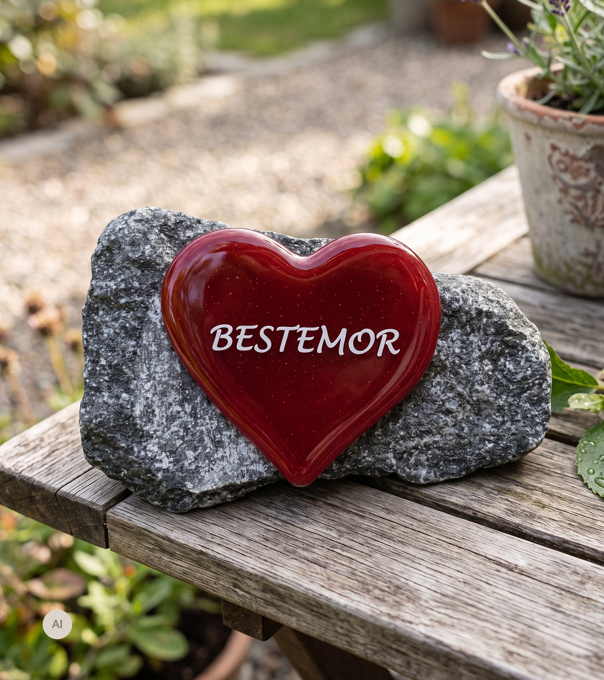 BESTEMOR, Rødt Glasshjerte På Granittstein