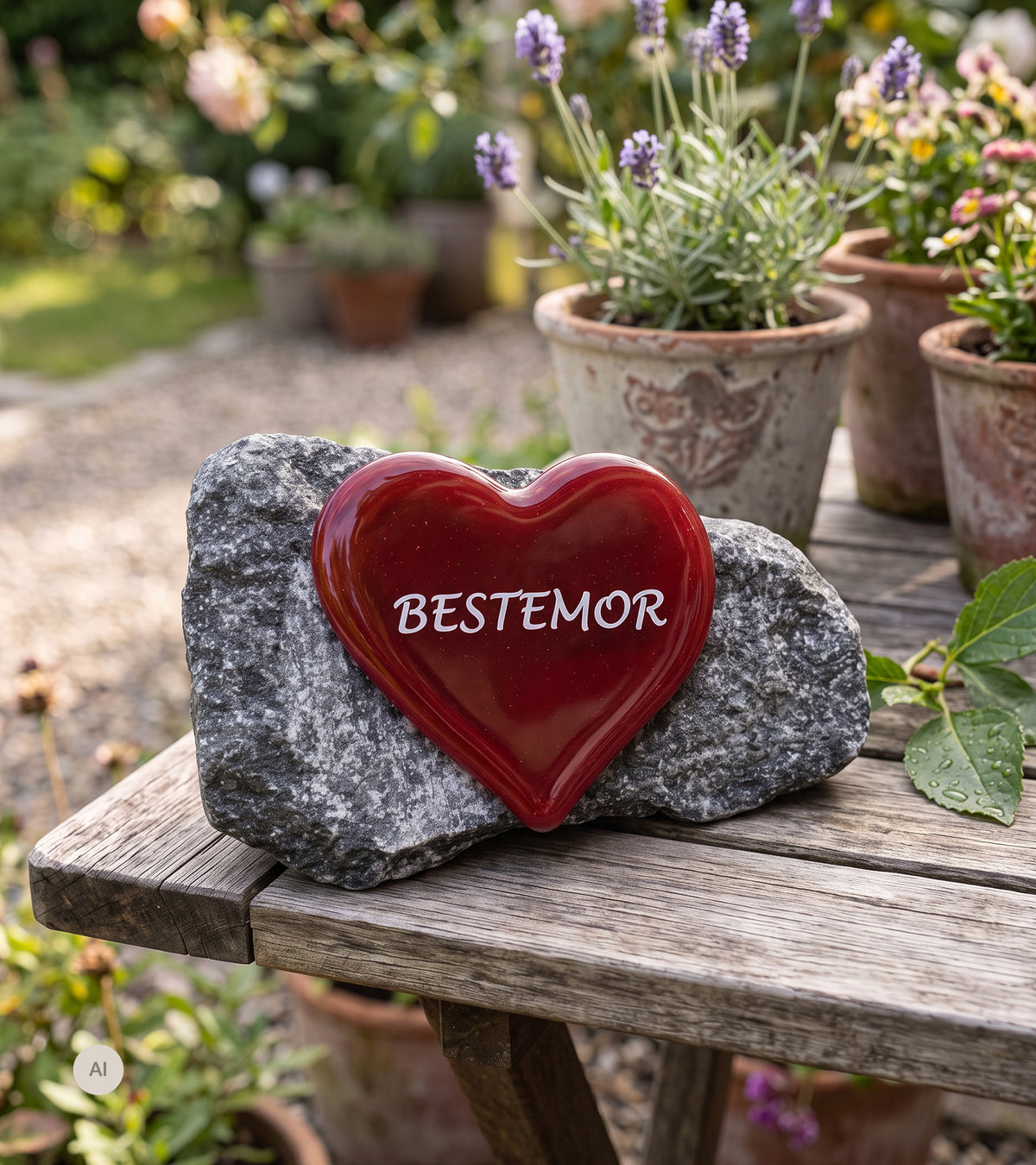 BESTEMOR, Rødt Glasshjerte På Granittstein