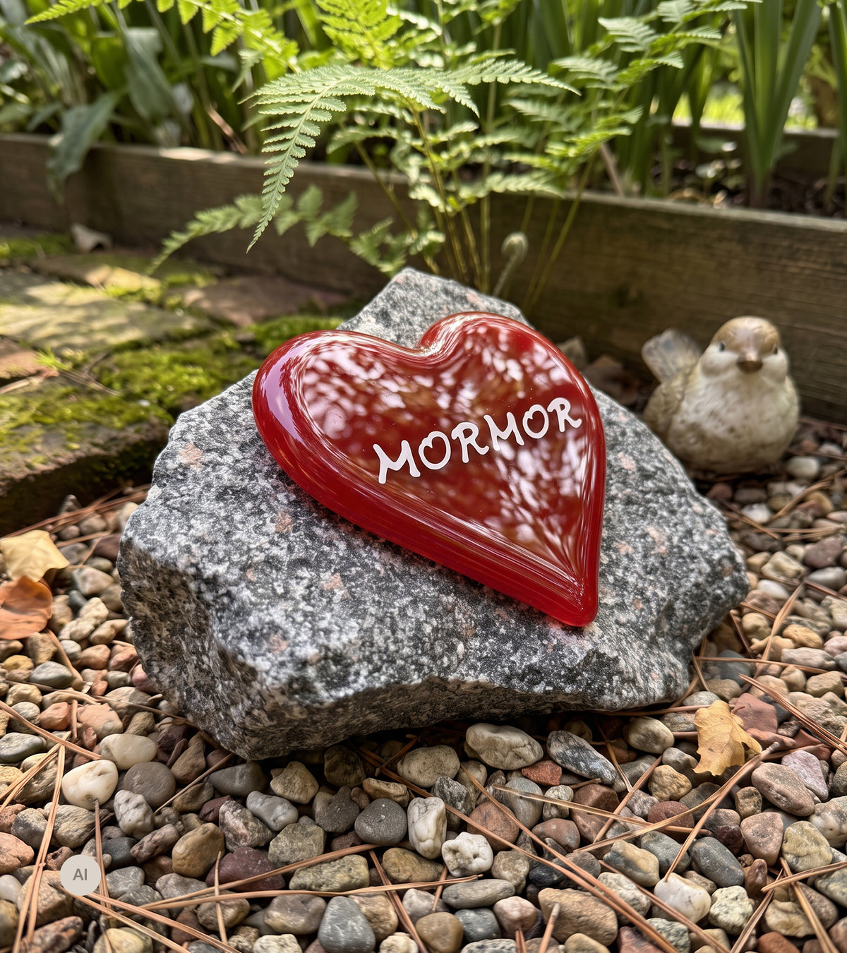 MORMOR, Rødt Glasshjerte På Granittstein