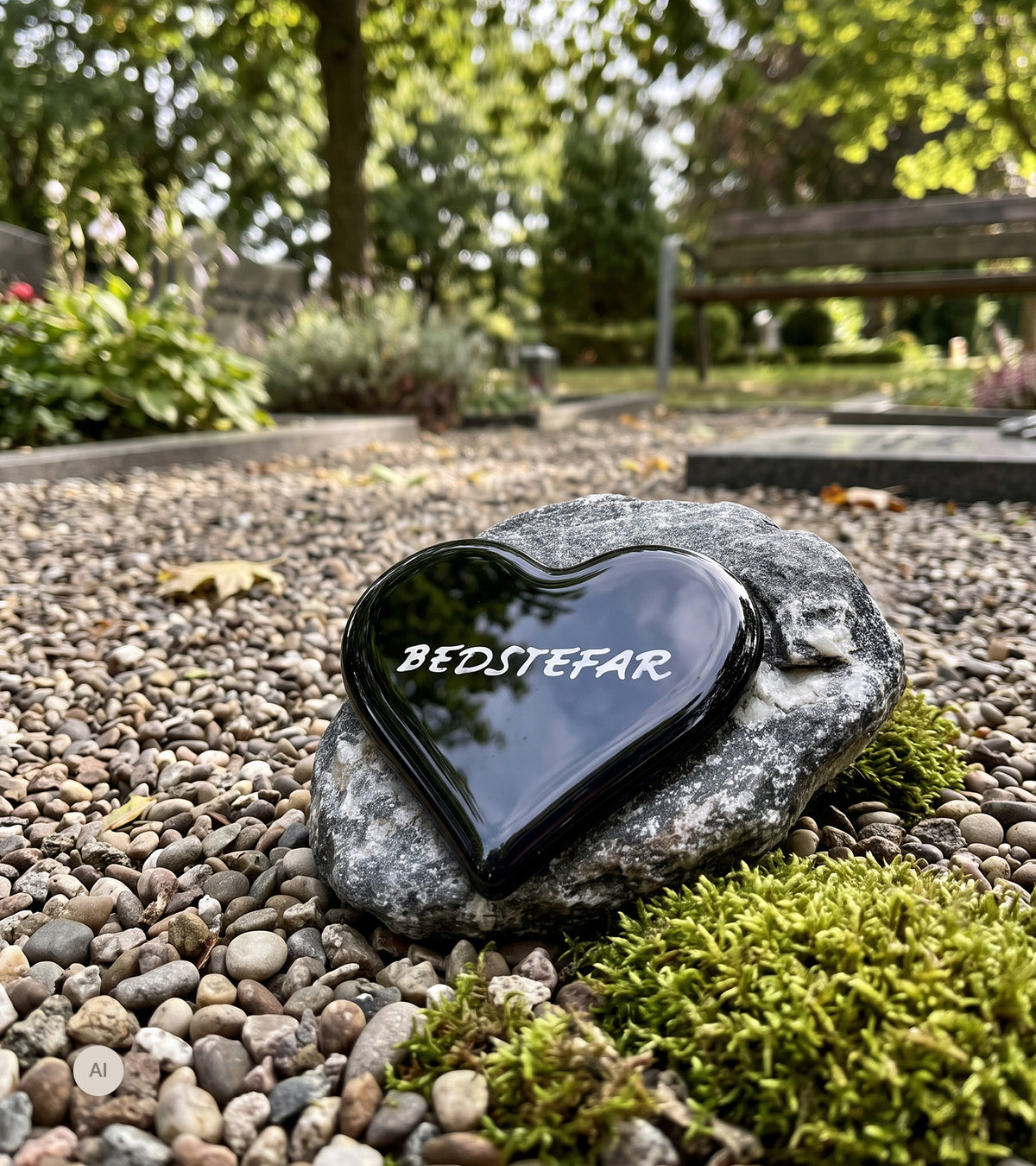 BESTEFAR, Svart Glasshjerte På Granittstein