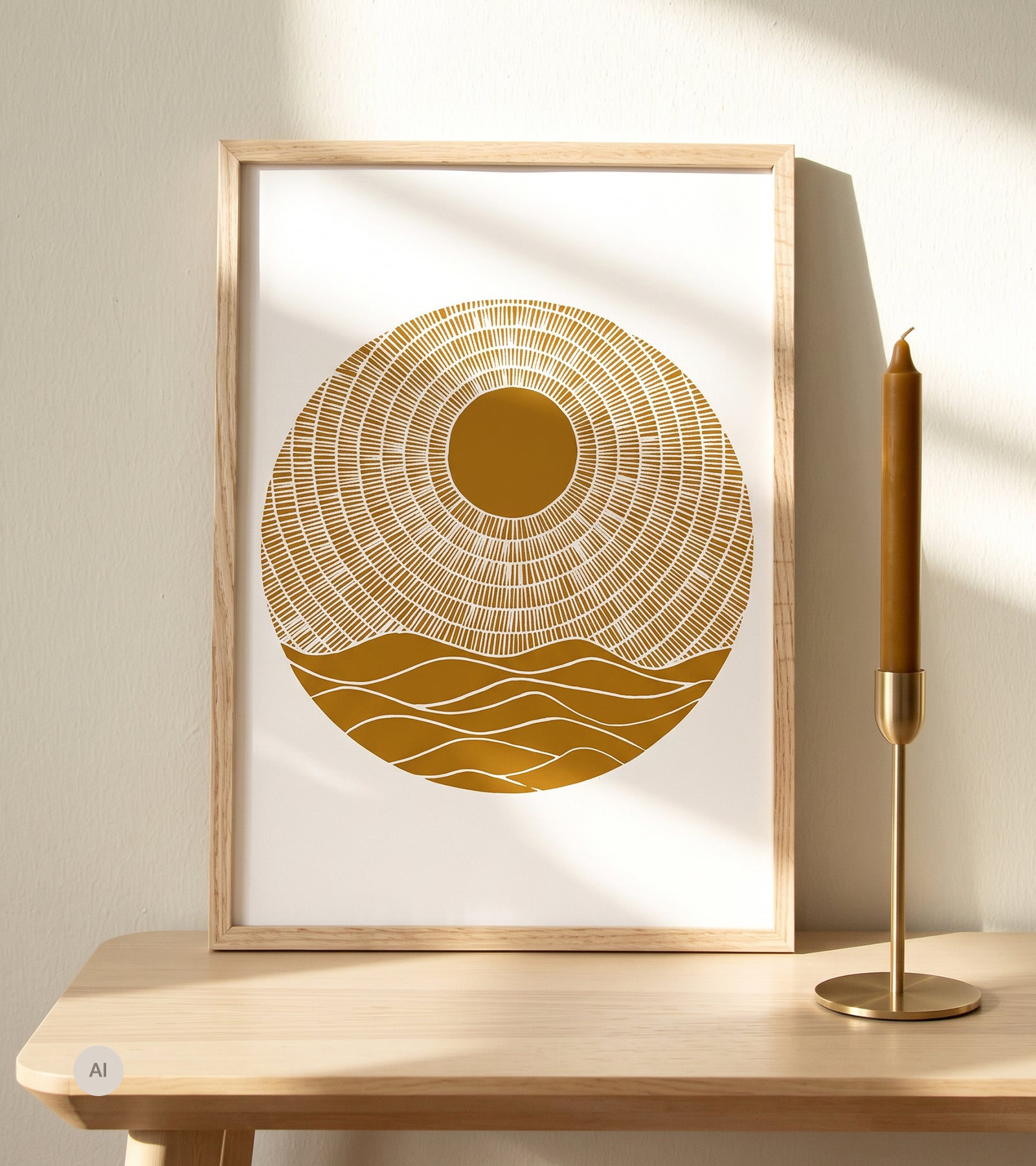 Linoleumstryk, Se nu stiger solen, GulOkker, A3 Plakat