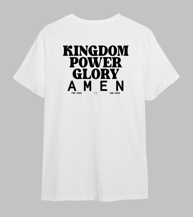 OnlyByGrace kingdom power glory white print t-shirt back