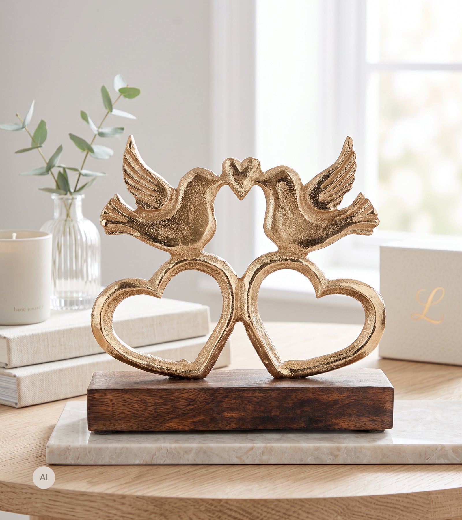 Skulptur, Hjerter med turtelduer, Guld