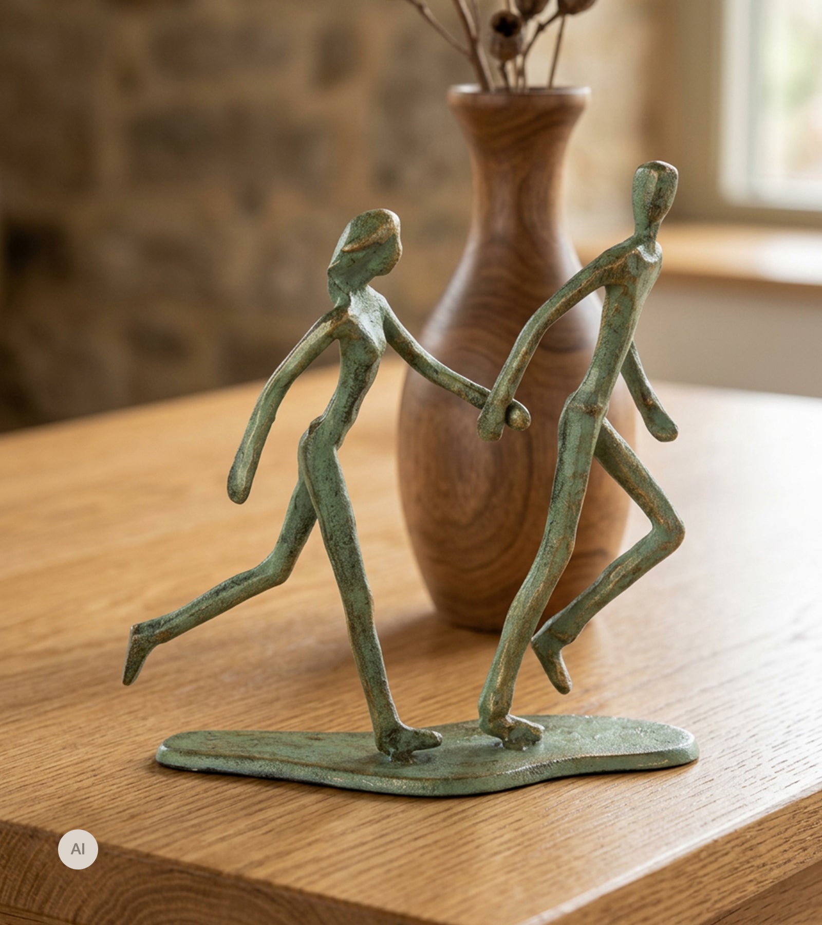 Skulptur, Vi løber sammen, Antik grøn, 18 cm