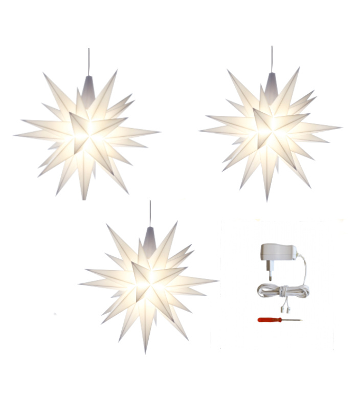 Adventsstjerne - a 3 Herrnhuter Stjerne, Hvid, 13 cm LED, adapter