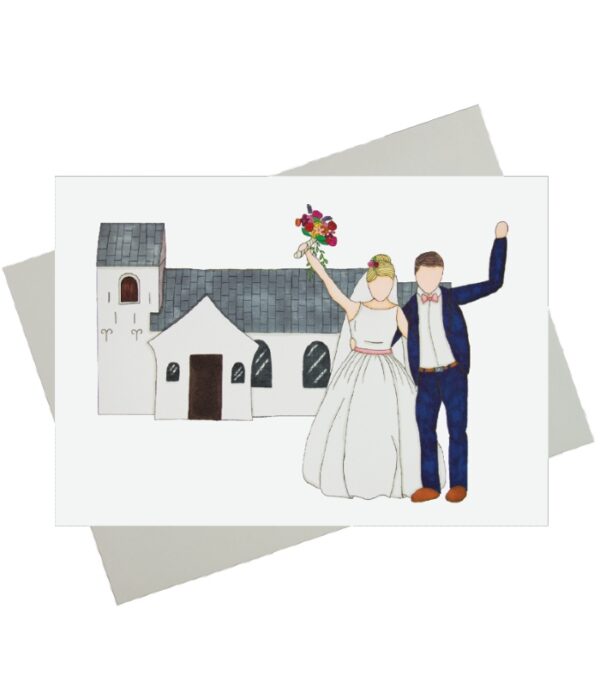 OnlyByGrace Bryllupskort med brudepar foran kirke