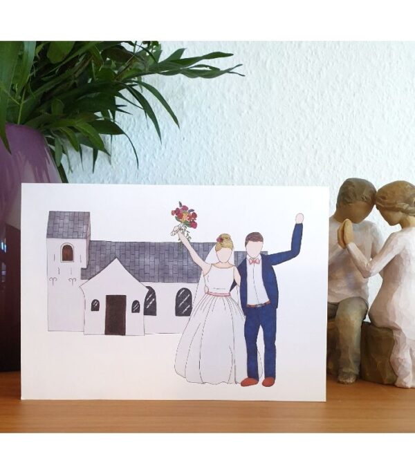 OnlyByGrace Bryllupskort med brudepar foran kirke