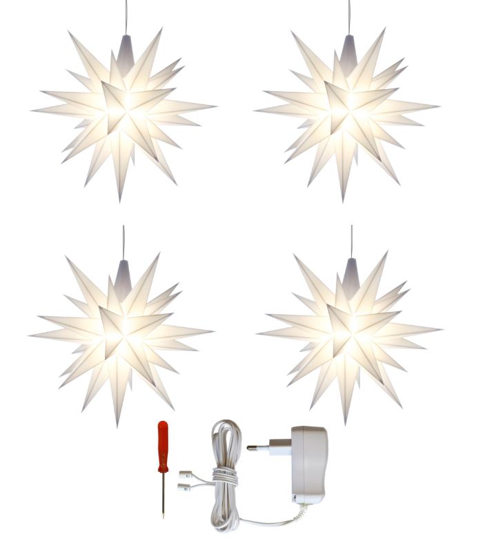 Adventsstjerne Sæt a 4 Stjerne, Hvid, 13 cm LED, adapter